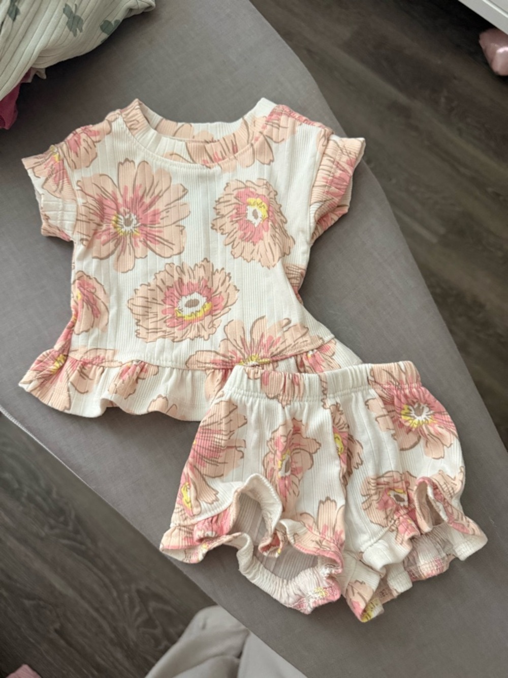 cloud island Cream Floral Ruffle Top and Shorts Set